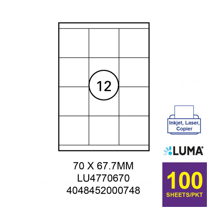 LUMA LU4770670 LABEL FOR INKJET / LASER / COPIER 100 SHEETS/PKT WHITE 70X67.7MM